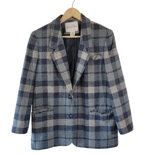 Lawrence Bruce Navy Gray Plaid Wool Blend Blazer 12P Single Breasted Minimalist